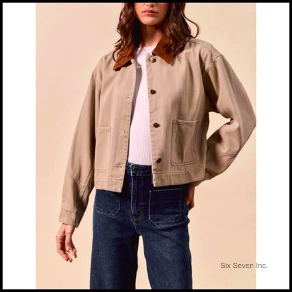 Cropped Barn Jacket Corduroy Collar Button Down Vintage Work Outerwear Pockets - Picture 5 of 7